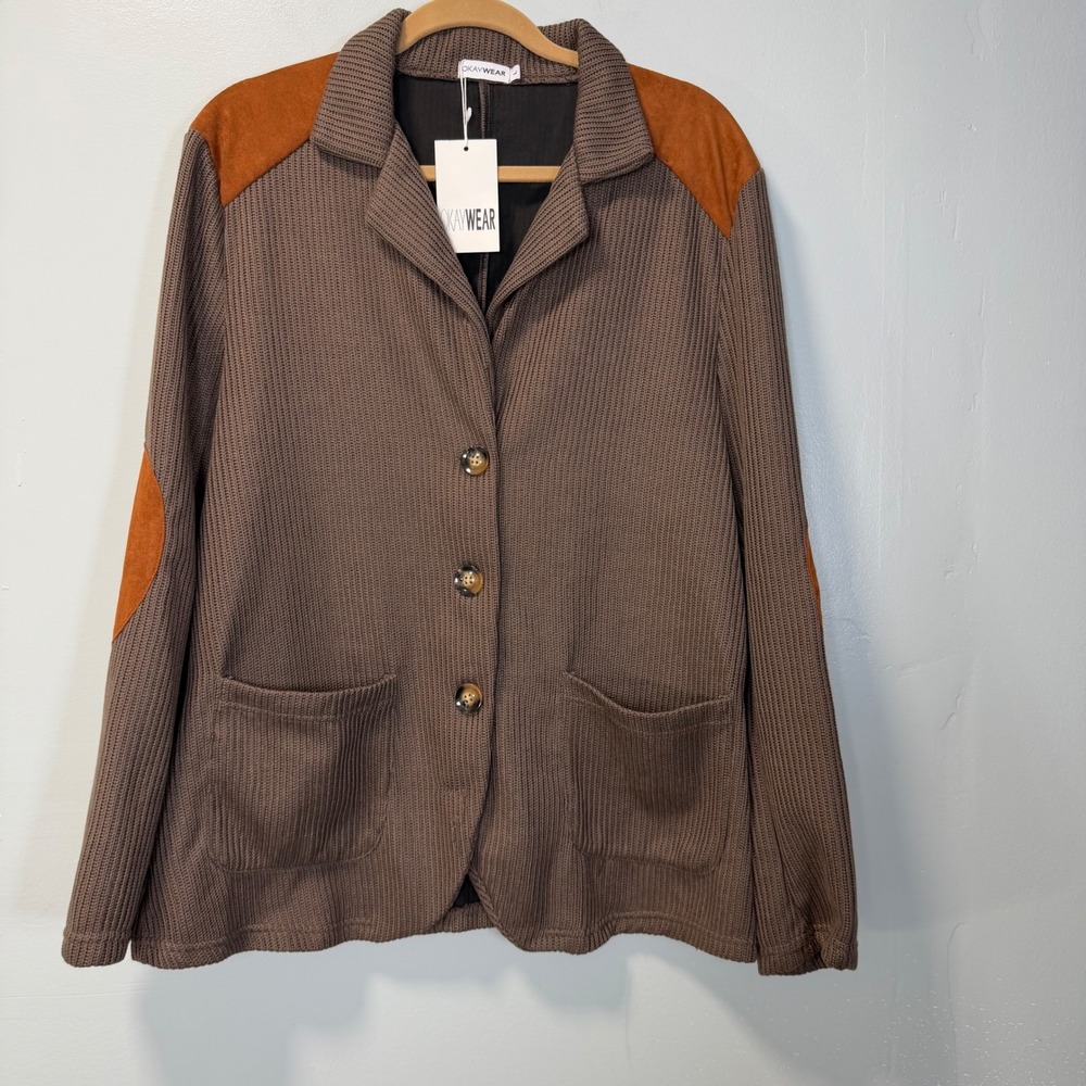 OKAYWEAR Mens Large Brown Ribbed Knit Blazer Jacket Suede Elbow Patches